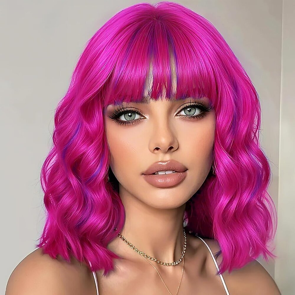 Women's Rose Purple 14 Inches Short Pastel Curly Shoulder Length Synthetic Wig - Picture 1 of 7